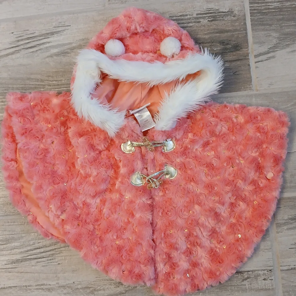 Little Lass Faux Fur Hooded Poncho – Size 12M – Coral Pink – Sparkle Details